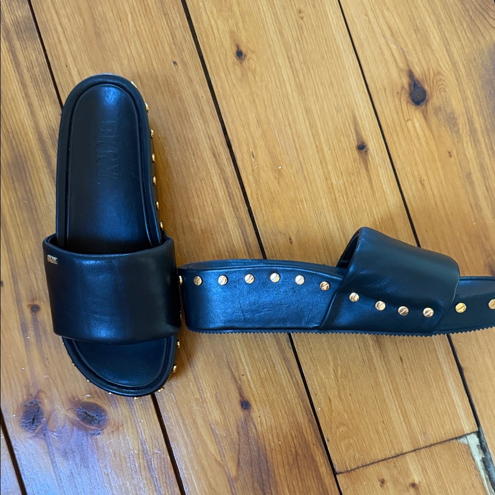 DKNY Black Slides with Gold Accents